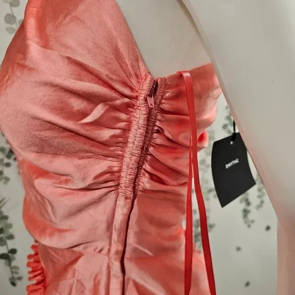 Smythe Ruffle Trim One Shoulder Top Rose Pink Size 4 Satin Smocked Blouse